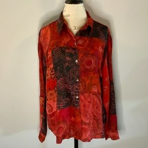 Chicos Design 100% Silk Long Sleeve Blouse Red/Black Size 3.